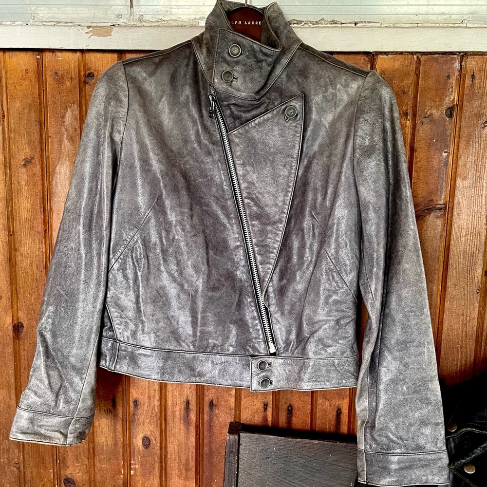 Designer Moto biker leather Jacket Distressed Futuristic Runway Motorcycle 36 XS